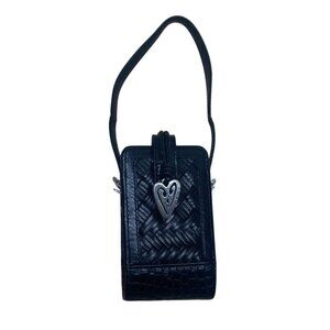 Brighton Black Woven Leather Plaid Interior & Silver Heart Accent Mini Bag Sz S
